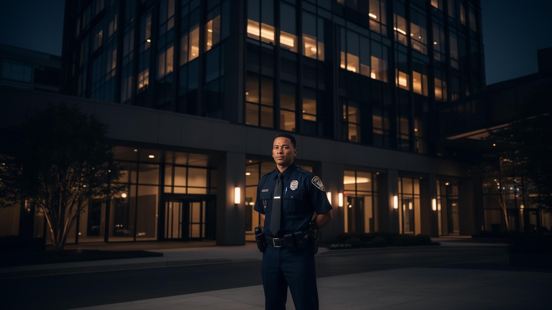 OPAC Security officer on patrol outside an Atlanta commercial building at night
